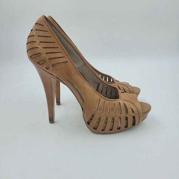BCBGeneration Evie Tan Leather Peep Toe Stiletto Heel Pumps Size 10B - Picture 3 of 12